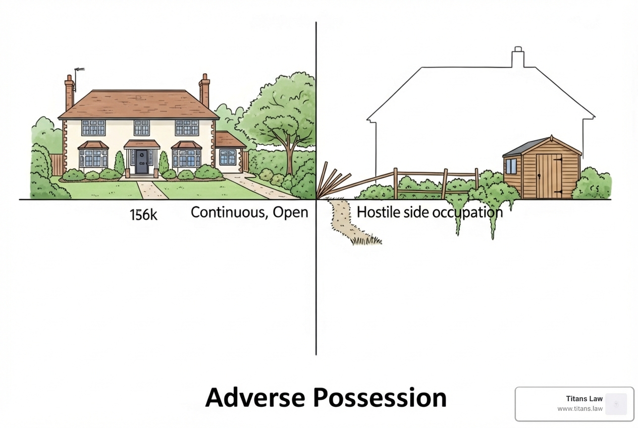 Illustration depicting adverse possession concepts: left side shows a well-maintained house with "Continuous, Open" label, right side features a neighboring property with "Hostile side occupation" label and a fence, emphasizing property disputes and legal implications.