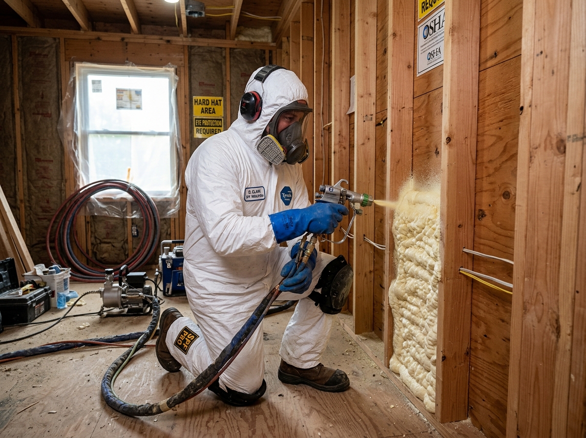 A professional applying spray foam insulation to a wall cavity - tax credits for insulation