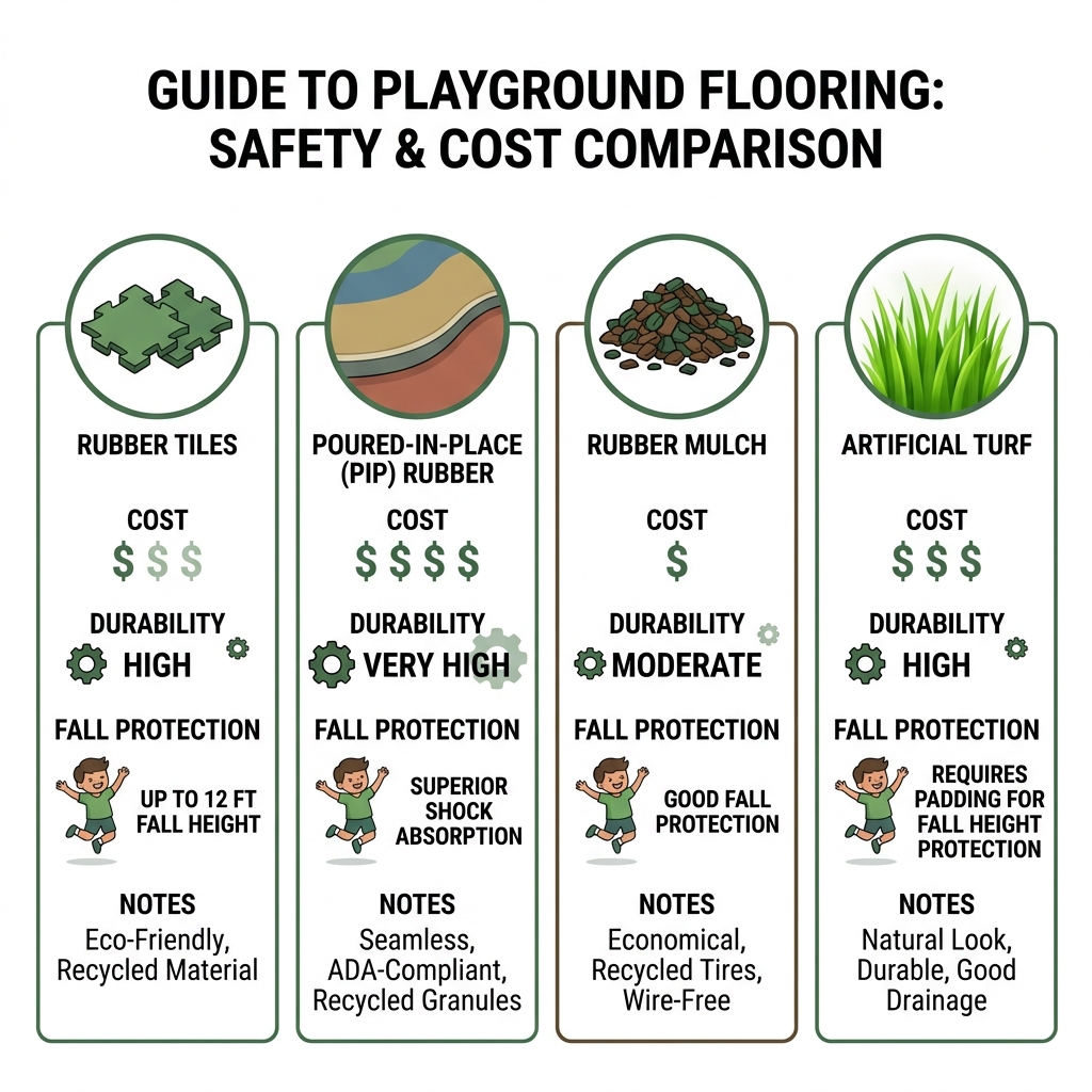 Infographic comparing playground flooring types, costs, and safety ratings - playground flooring in Charlotte, NC infographic 
