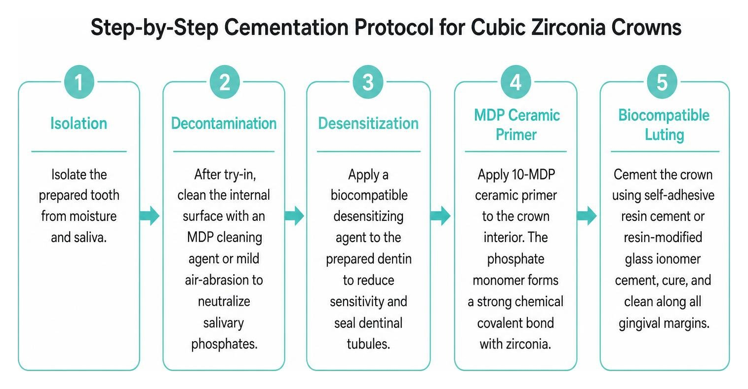 Step-by-step cementation protocol for cubic zirconia crowns Step-by-step cementation protocol for cubic zirconia crowns