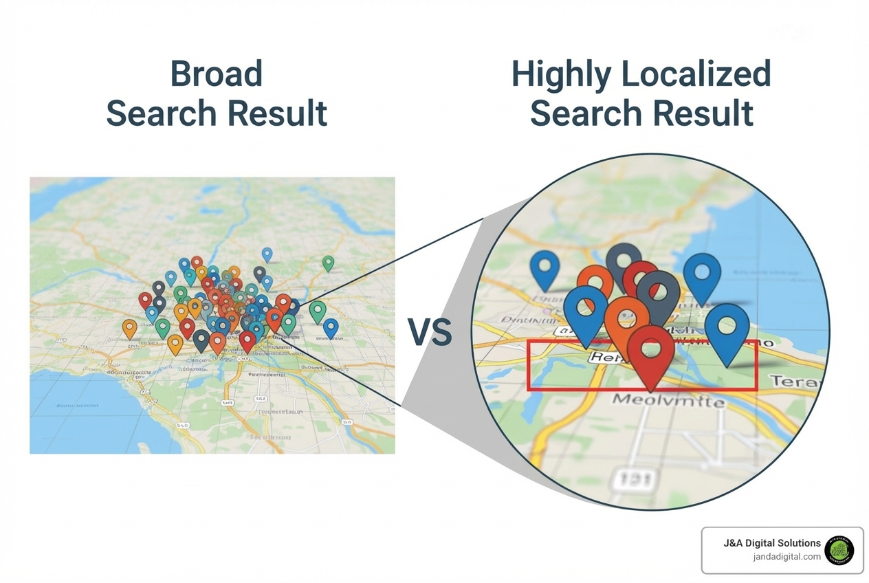 Diagram showing the difference between general and local search results, with local results prioritizing proximity and location-specific information - local keyword research