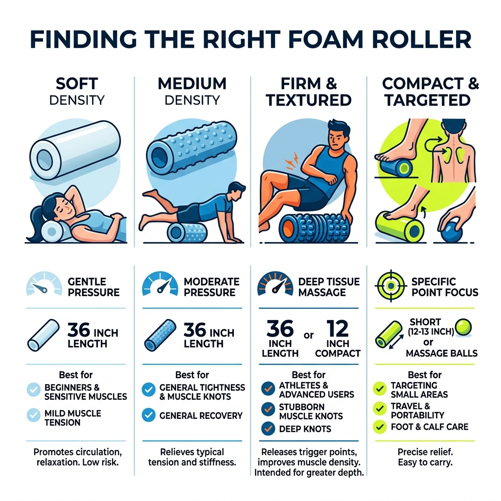 Infographic showing foam roller types by firmness, size, and best use case for pain relief and recovery - foam roller for Infographic showing foam roller types by firmness, size, and best use case for pain relief and recovery - foam roller for