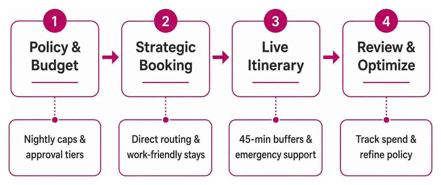 Four-stage corporate travel logistics planning framework Four-stage corporate travel logistics planning framework