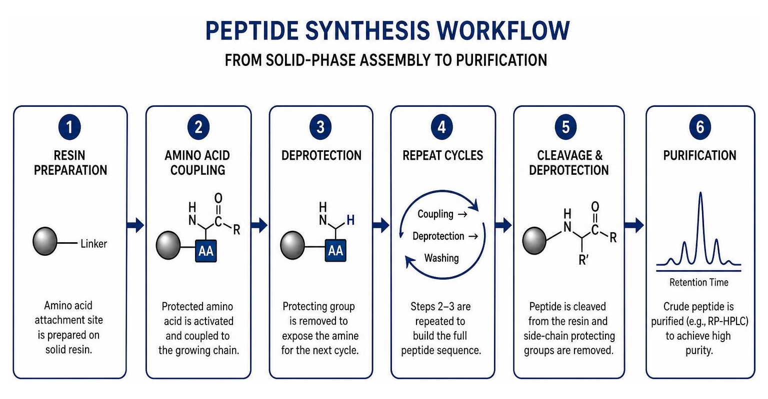 Peptide synthesis workflow from solid-phase assembly to purification