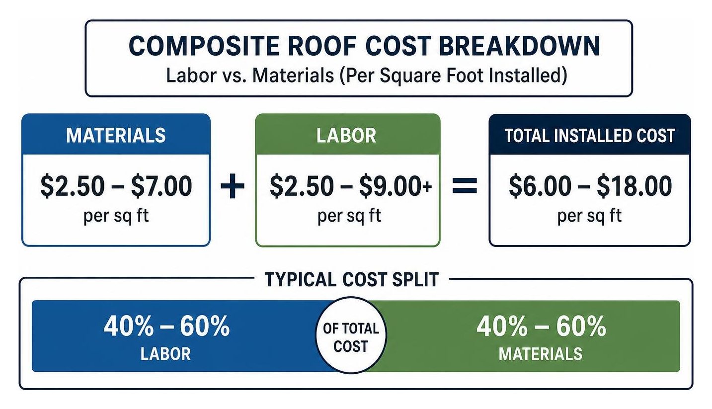 Cost breakdown showing labor vs materials for synthetic roof installation