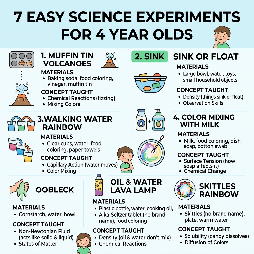Quick-reference infographic of 7 easy science experiments for 4 year olds with materials and concepts taught - easy