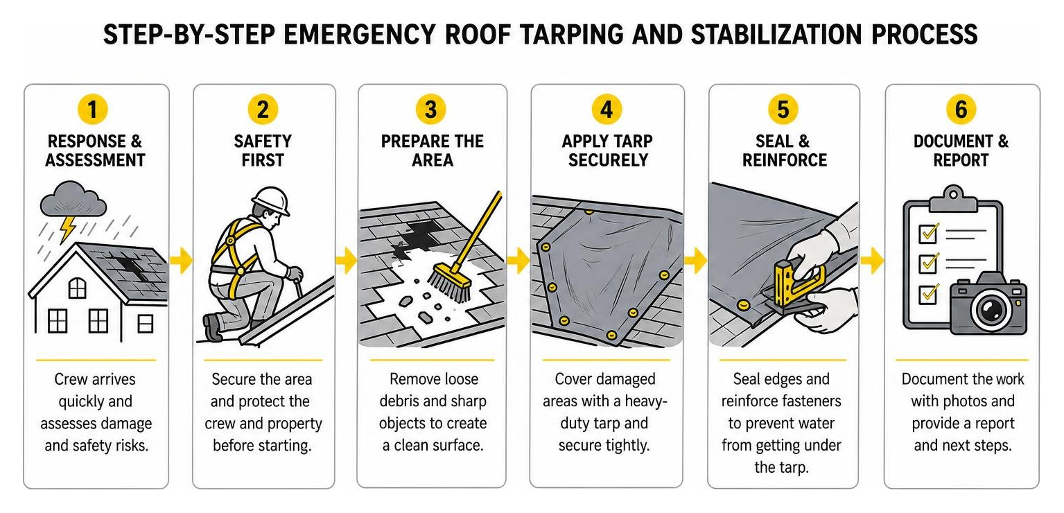 Step-by-step emergency roof tarping and stabilization process