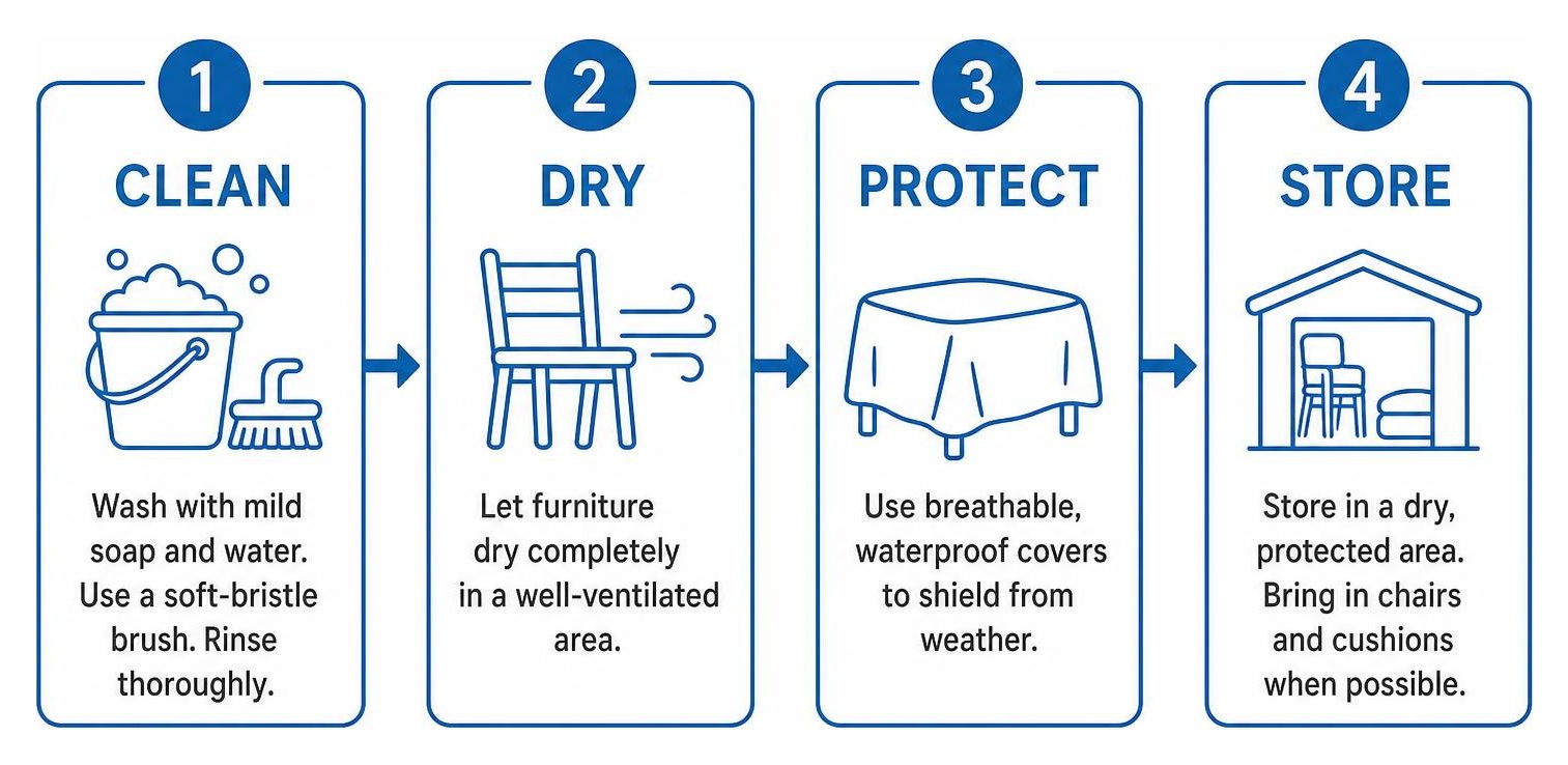 Seasonal outdoor furniture care workflow: clean, dry, protect, store