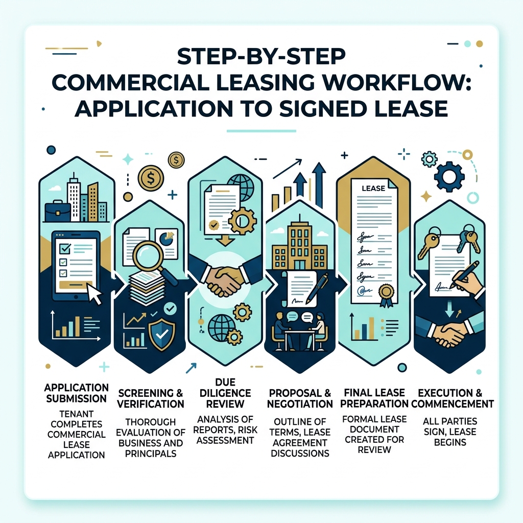 Step-by-step commercial leasing workflow from application to signed lease infographic - commercial tenant screening services Step-by-step commercial leasing workflow from application to signed lease infographic - commercial tenant screening services