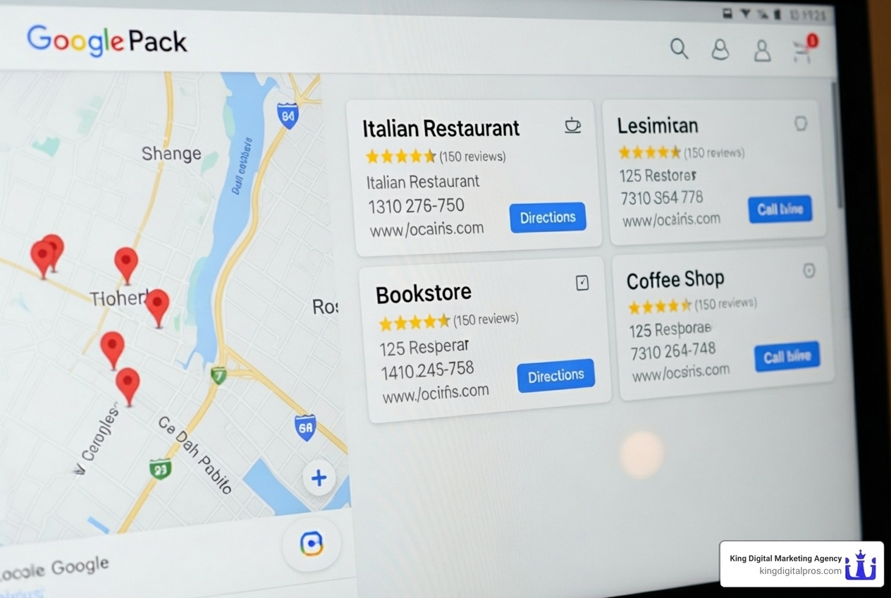 Google Local Pack search results showing businesses with map, reviews, and contact info - boost local visibility Google Local Pack search results showing businesses with map, reviews, and contact info - boost local visibility
