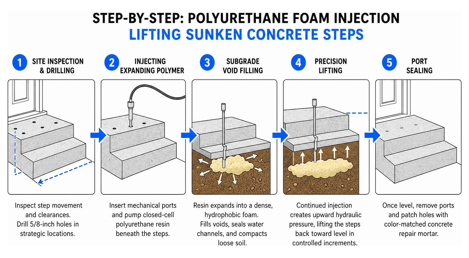 Step-by-step process of polyurethane foam injection lifting sunken steps Step-by-step process of polyurethane foam injection lifting sunken steps