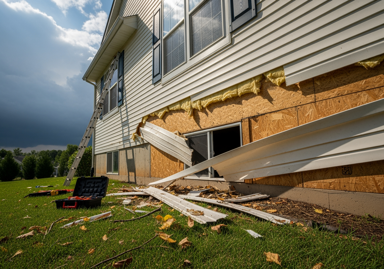 A homeowner on the phone with their insurance agent, holding documentation, discussing storm damage - storm damage siding repair