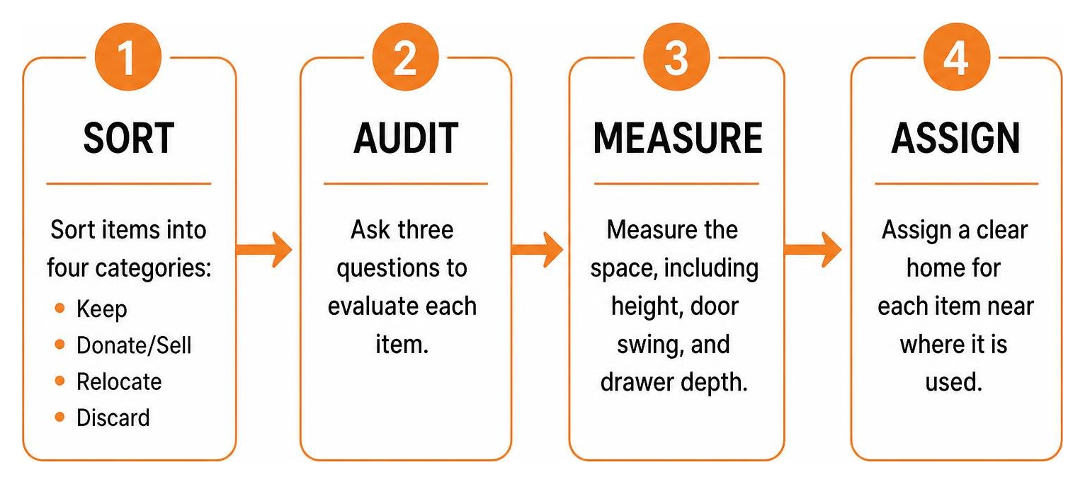 Four-step decluttering workflow diagram:Sort, Audit, Measure, and Assign