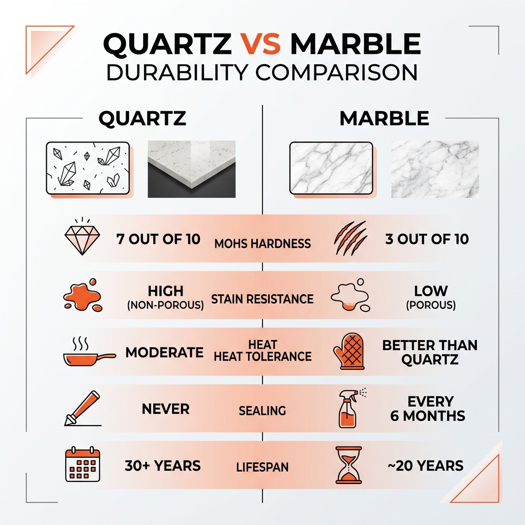 Quartz vs marble durability comparison infographic: Mohs hardness, stain resistance, heat tolerance, sealing, lifespan - is