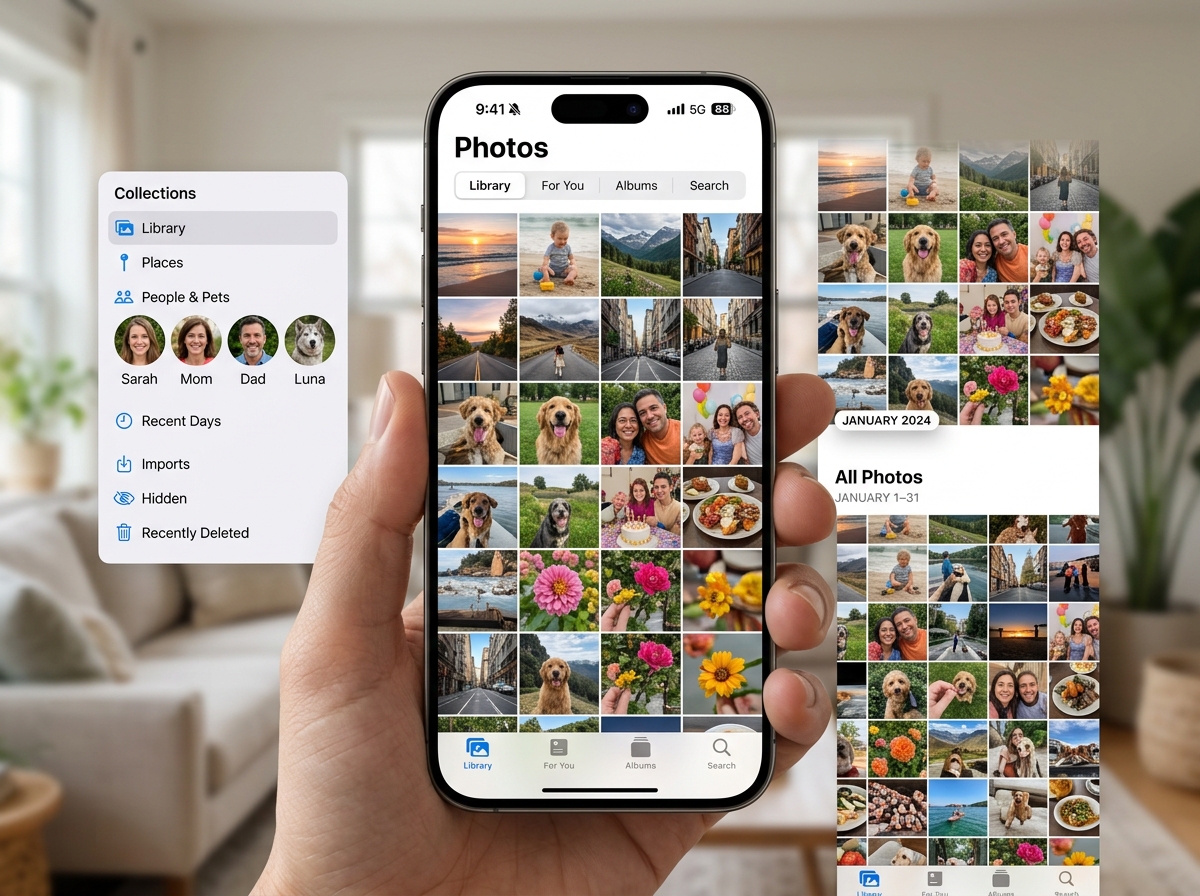 iOS 18 Photos app interface showing the new grid layout and collections - best photo management app for iphone