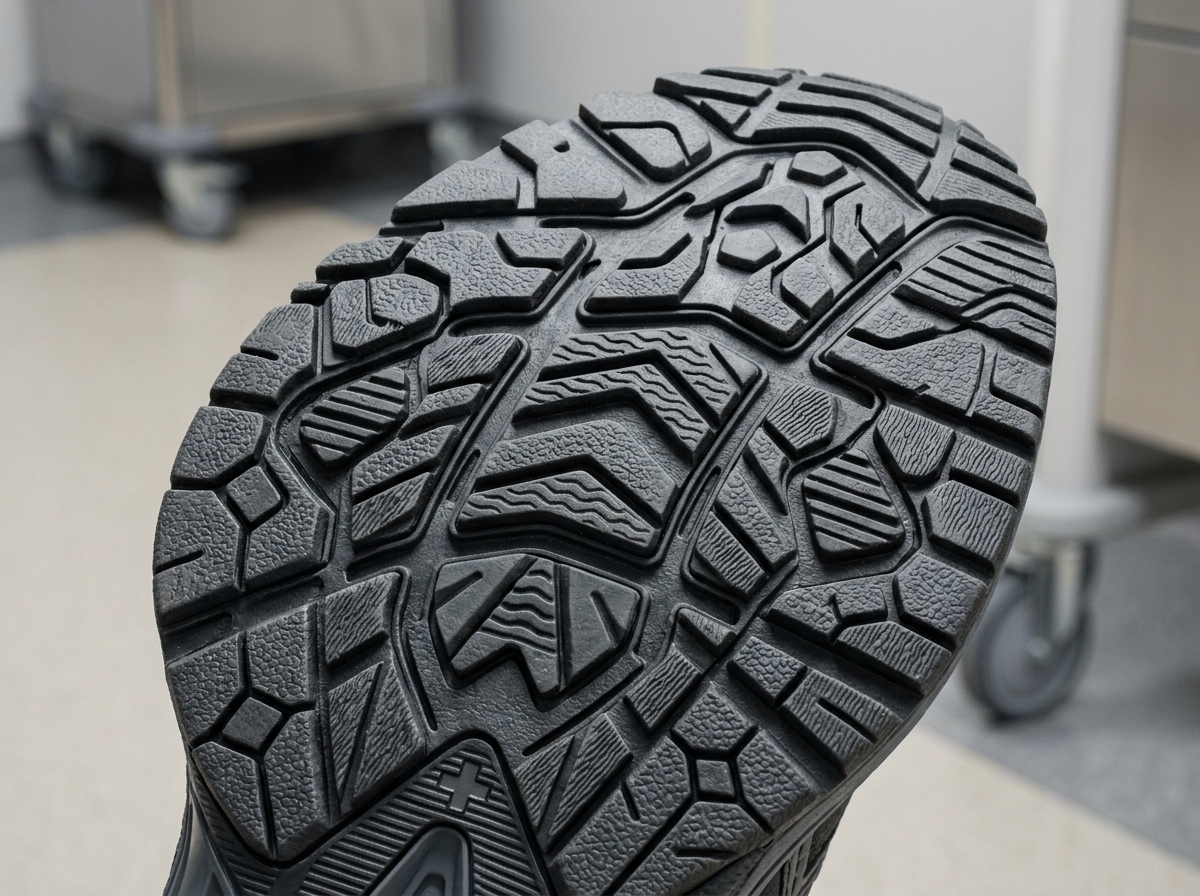 Close-up of a slip-resistant rubber outsole with deep tread patterns for hospital floors - best sneakers for nurses on feet Close-up of a slip-resistant rubber outsole with deep tread patterns for hospital floors - best sneakers for nurses on feet