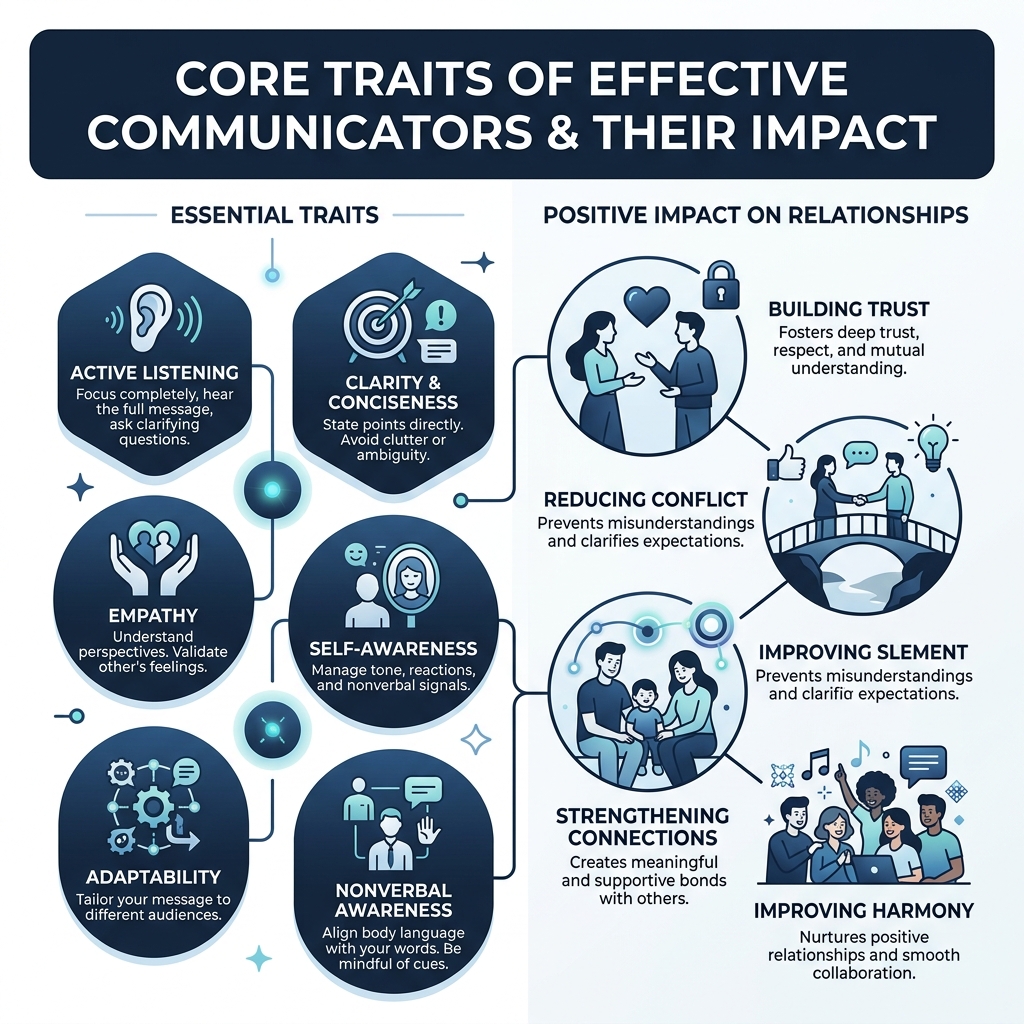 infographic showing core traits of effective communicators and their impact on relationships - to be an effective infographic showing core traits of effective communicators and their impact on relationships - to be an effective