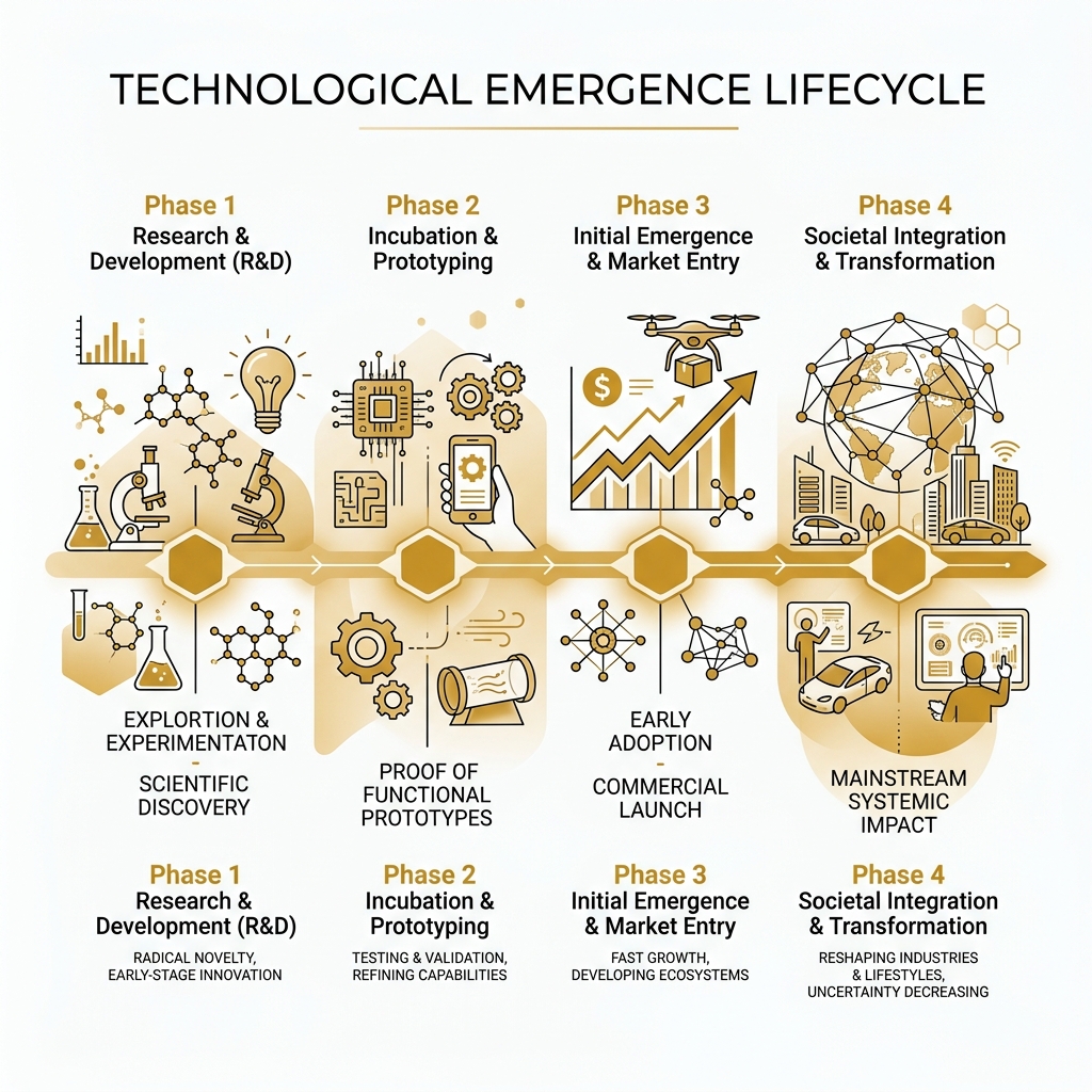 Lifecycle of technological emergence from R&D to societal transformation infographic - emerging of technology infographic 
