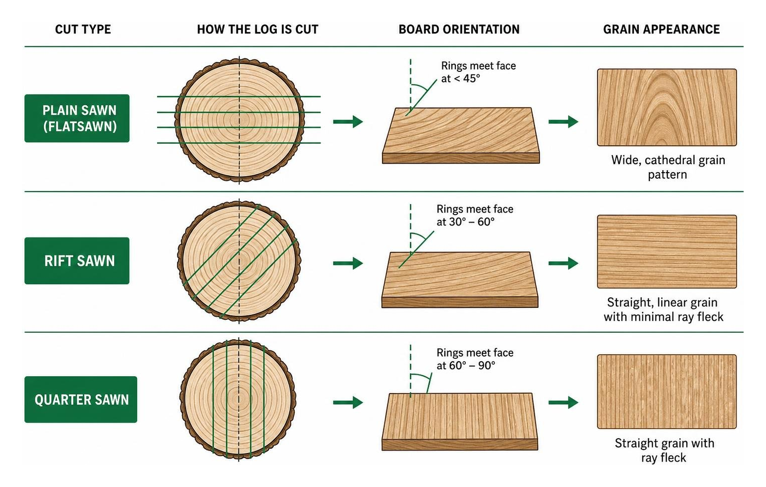 diagram of plain sawn rift sawn and quarter sawn lumber milling methods