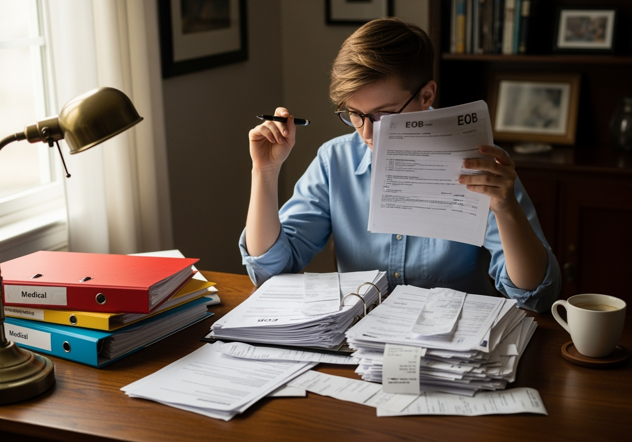 Person organizing medical documents and bills - List of disabling impairments