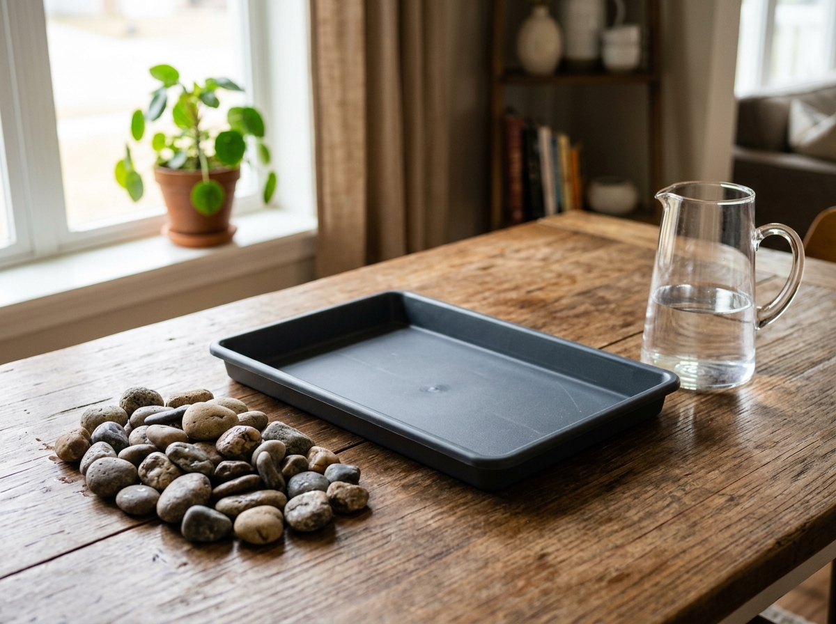DIY pebble tray materials including a shallow tray, river stones, and a water pitcher - pebble tray for fiddle leaf fig