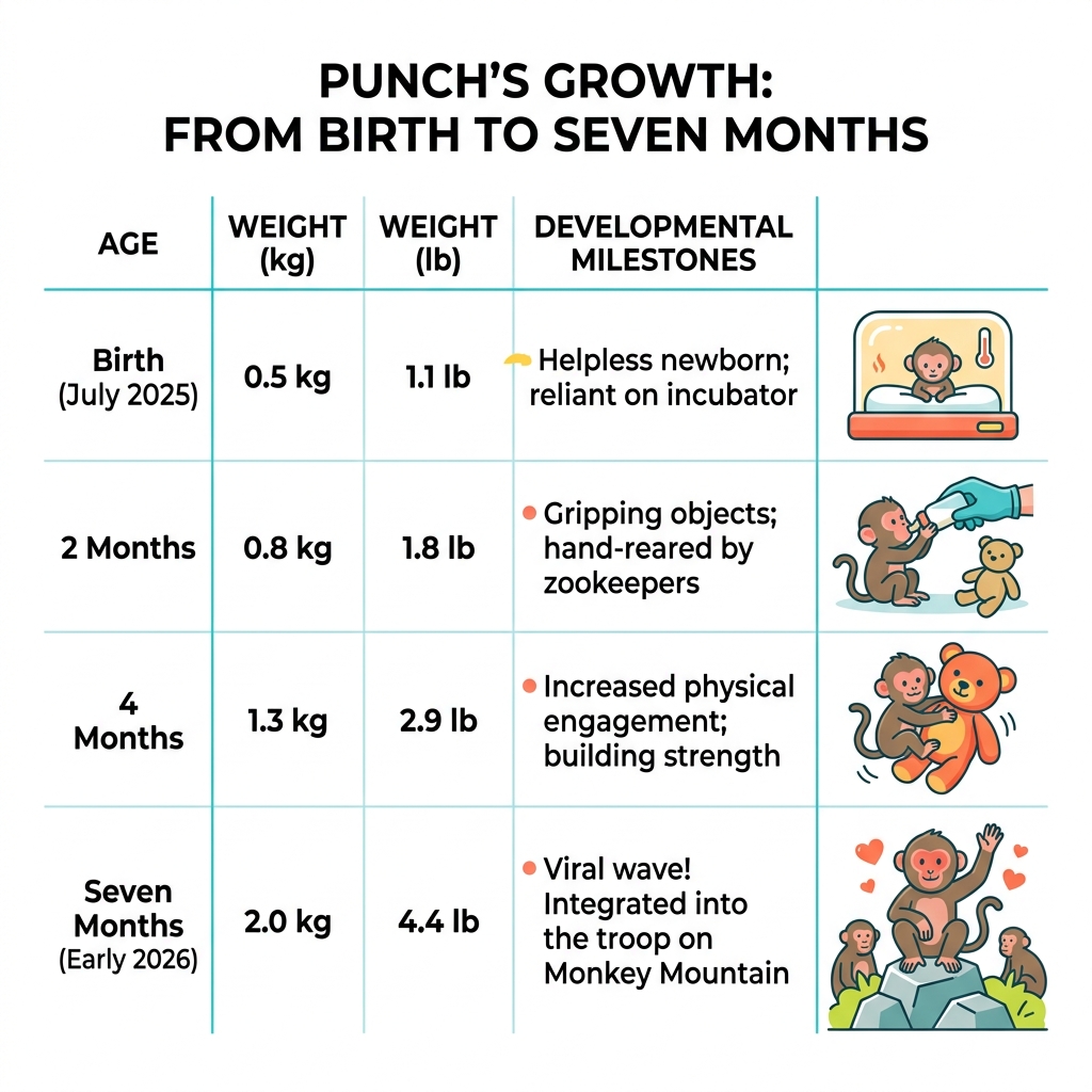 Table showing Punch's growth from birth at 0.5kg to 2kg at seven months old - punch the monkey infographic 