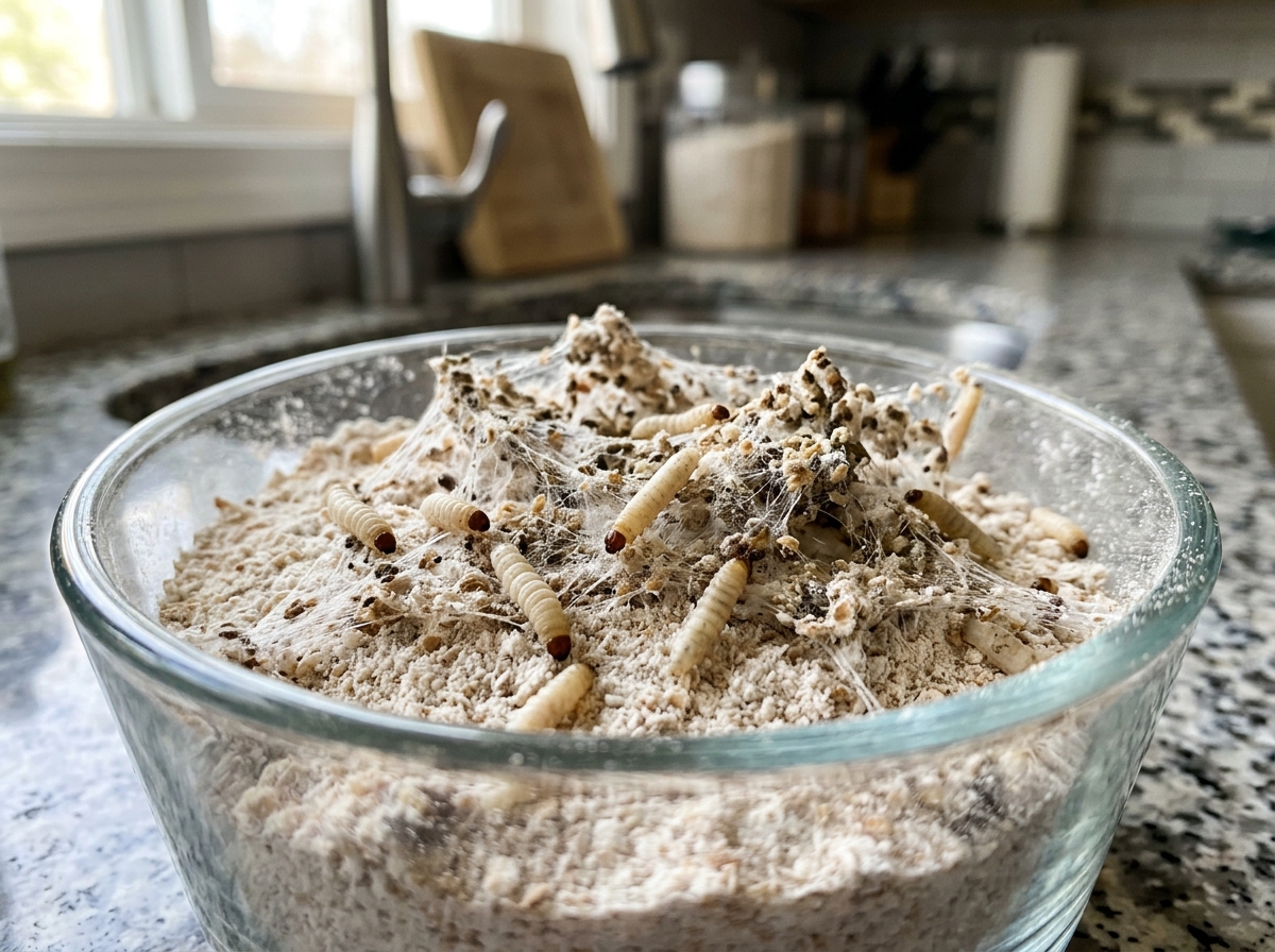Indian meal moth larvae in flour showing silken webbing - Pantry pest control
