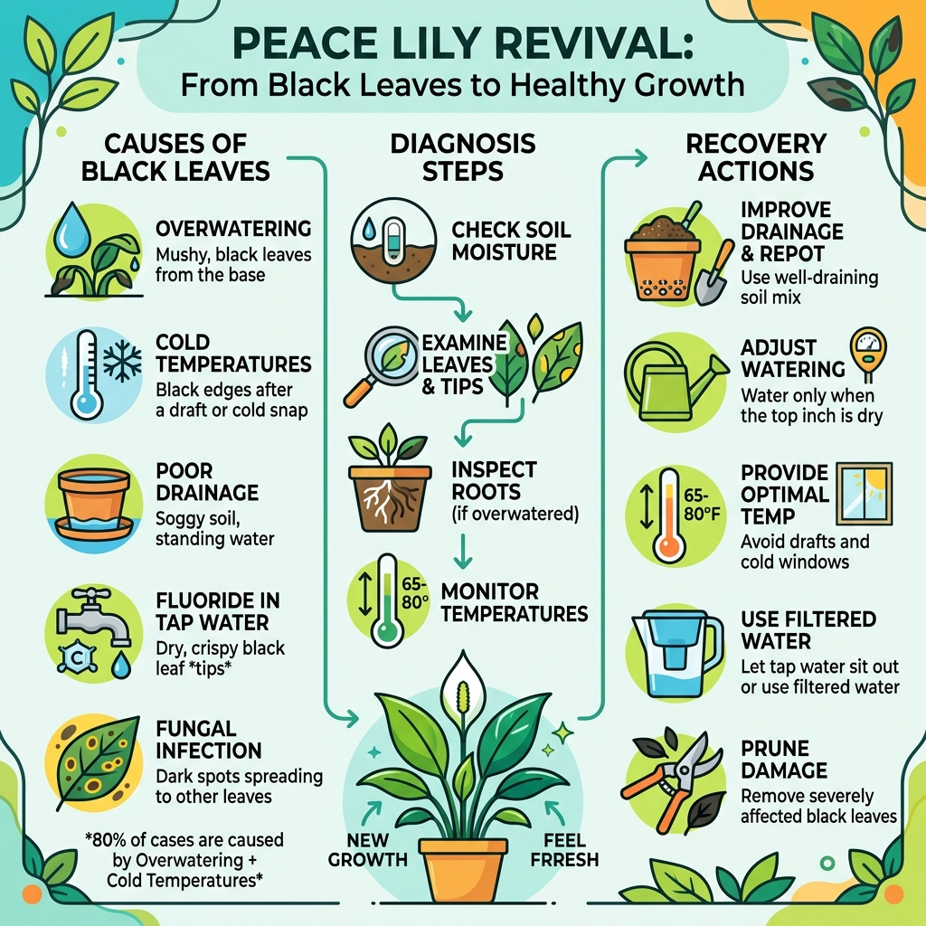 Peace Lily Revival process: causes of black leaves, diagnosis steps, and recovery actions - black peace lily infographic Peace Lily Revival process: causes of black leaves, diagnosis steps, and recovery actions - black peace lily infographic