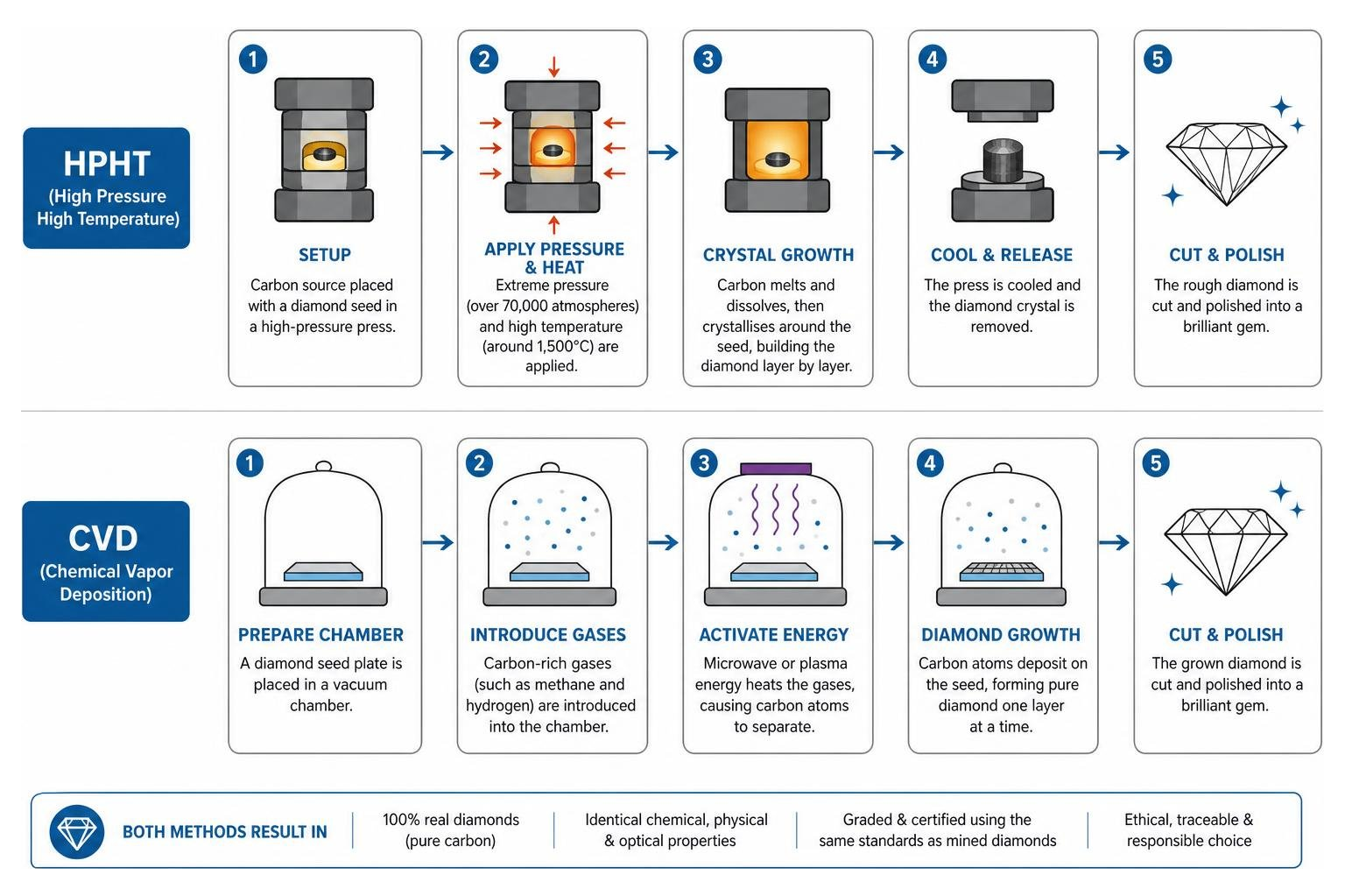 CVD and HPHT lab diamond growth process