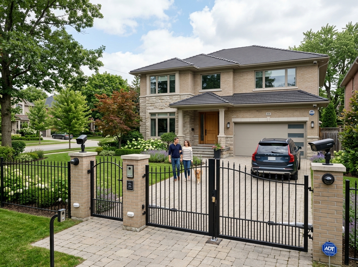 A secure residential property with visible security cameras and sensors - burglar alarm servicing near me A secure residential property with visible security cameras and sensors - burglar alarm servicing near me