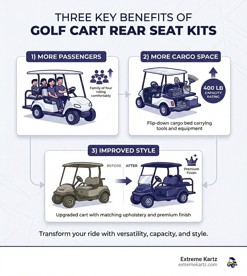 Infographic showing three key benefits of golf cart rear seat kits: 1) More Passengers - family of four riding comfortably, 2) More Cargo Space - flip-down cargo bed carrying tools and equipment with 400 lb capacity rating, 3) Improved Style - before/after comparison showing upgraded cart with matching upholstery and premium finish - golf cart rear seat kit infographic 
