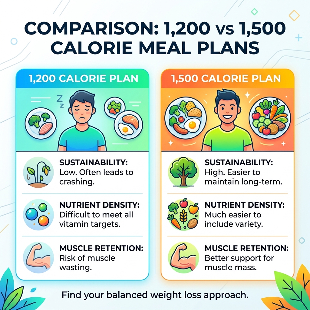Comparison of 1,200 vs 1,500 calorie meal plans - balanced meal ideas for weight loss infographic Comparison of 1,200 vs 1,500 calorie meal plans - balanced meal ideas for weight loss infographic