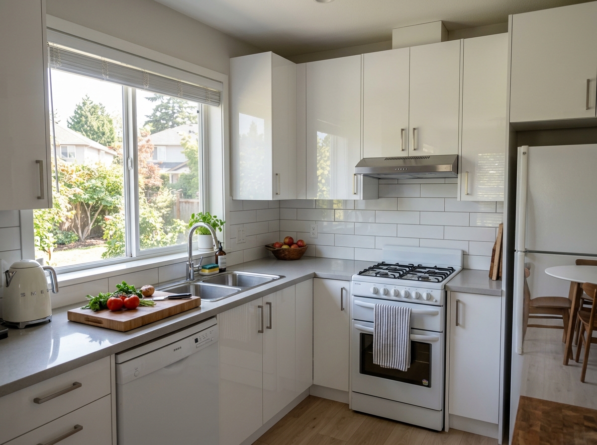 Example of light bouncing off high-gloss white cabinets in a small kitchen - glossy cabinets small kitchen