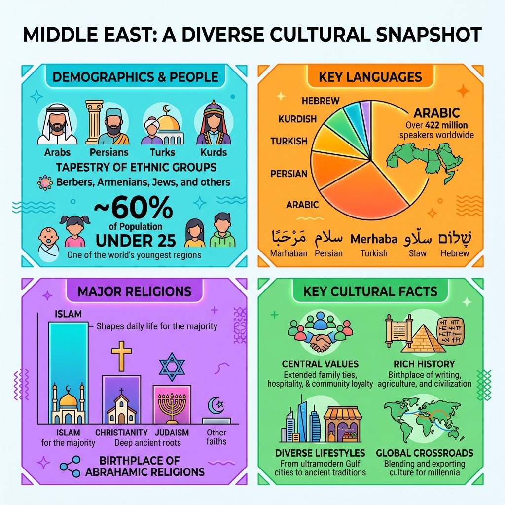 Infographic showing Middle East demographics, languages, religions, and key cultural facts - Middle East culture infographic 