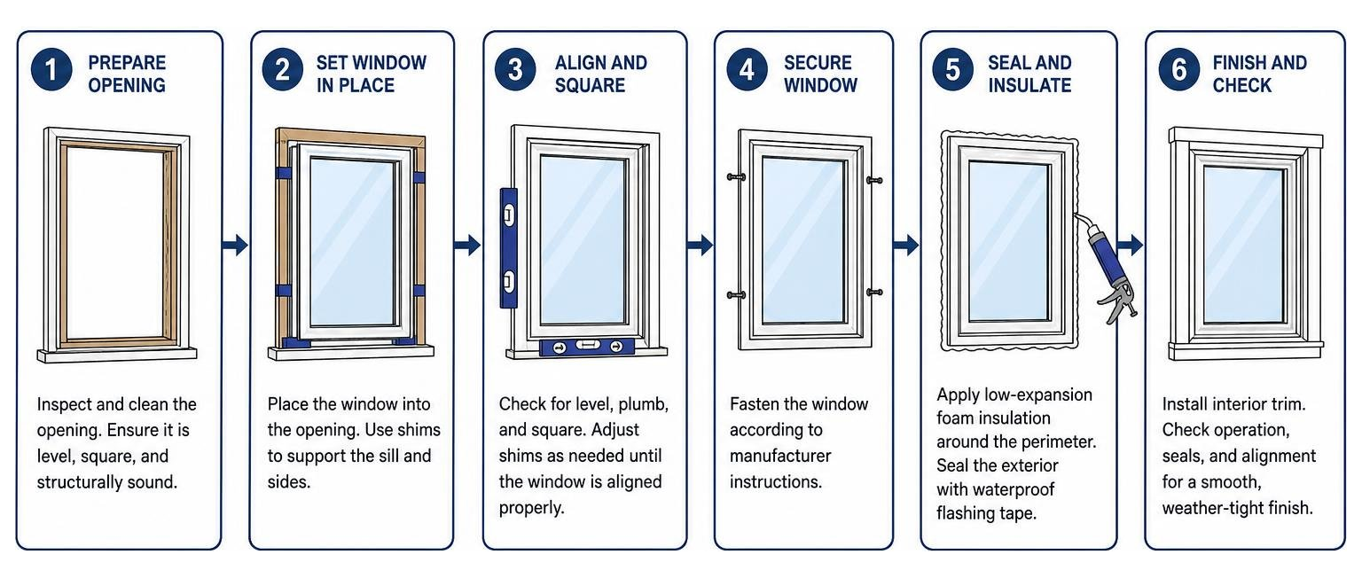 Professional window installation process diagram showing the step-by-step sealing and alignment Professional window installation process diagram showing the step-by-step sealing and alignment