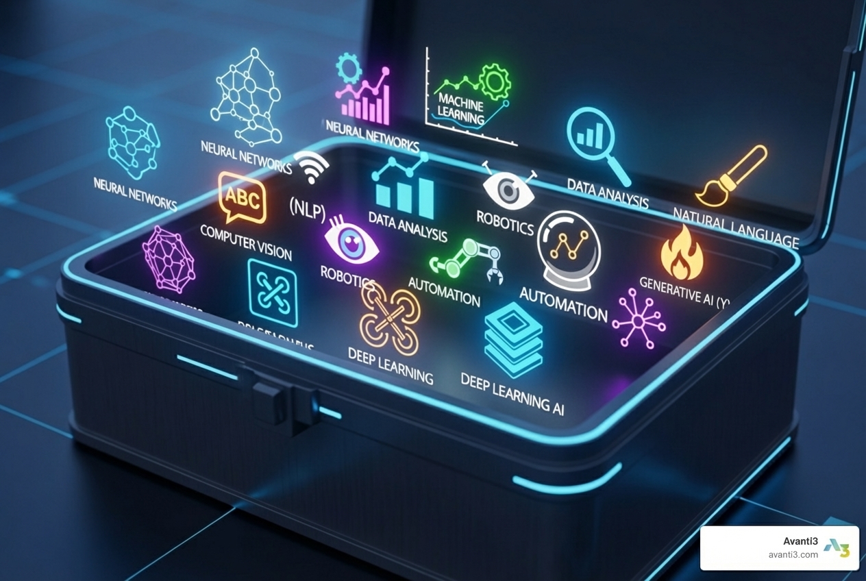 Digital toolbox with various AI icons - free ai content creation tools