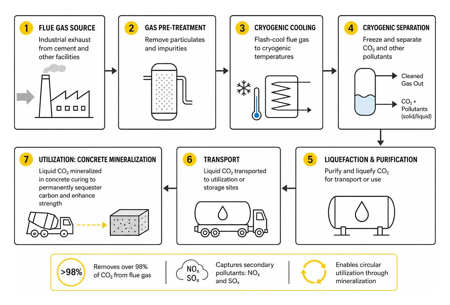 Cryogenic carbon capture process flow for industrial flue gas Cryogenic carbon capture process flow for industrial flue gas
