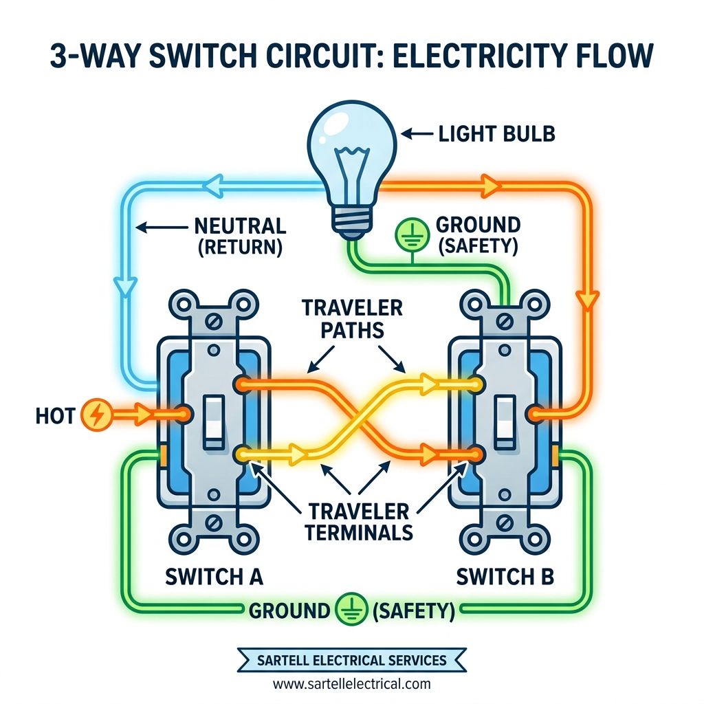 diagram showing electricity flow in a two-switch circuit with hot, neutral, traveler, and ground paths labeled - how to diagram showing electricity flow in a two-switch circuit with hot, neutral, traveler, and ground paths labeled - how to