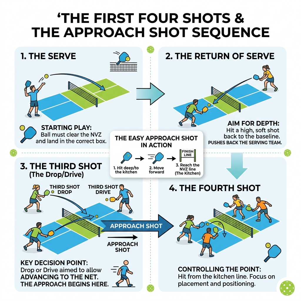 Infographic showing the first four shots of a pickleball point and how the approach shot fits the sequence - easy pickleball Infographic showing the first four shots of a pickleball point and how the approach shot fits the sequence - easy pickleball