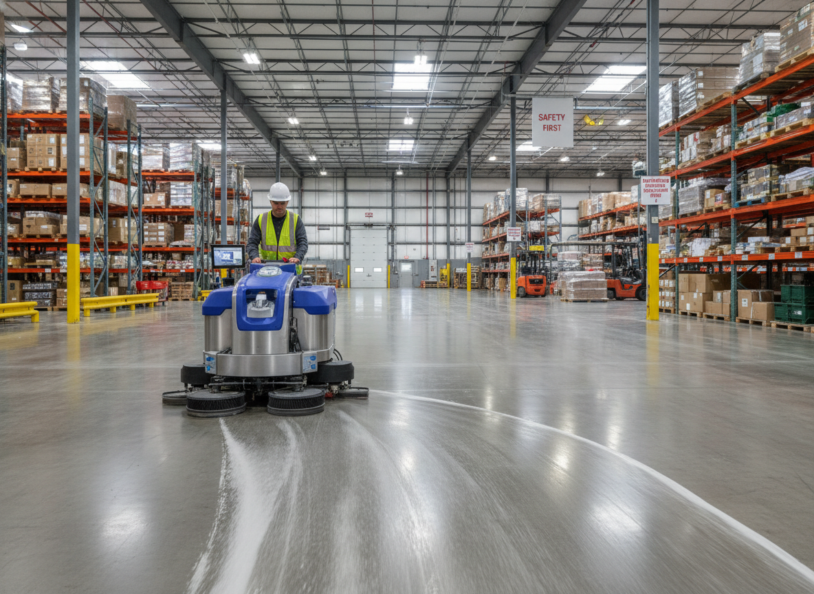 High-tech floor scrubbing equipment being used on a large commercial floor - commercial cleaners near me High-tech floor scrubbing equipment being used on a large commercial floor - commercial cleaners near me