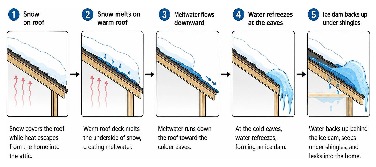 Sequence showing how ice damming forms under winter roof shingles