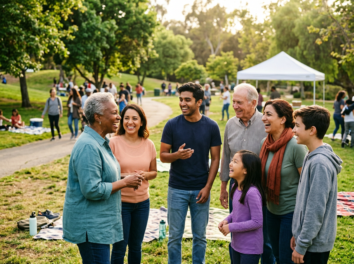 A diverse group of people participating in an outdoor community wellness gathering, laughing and connecting