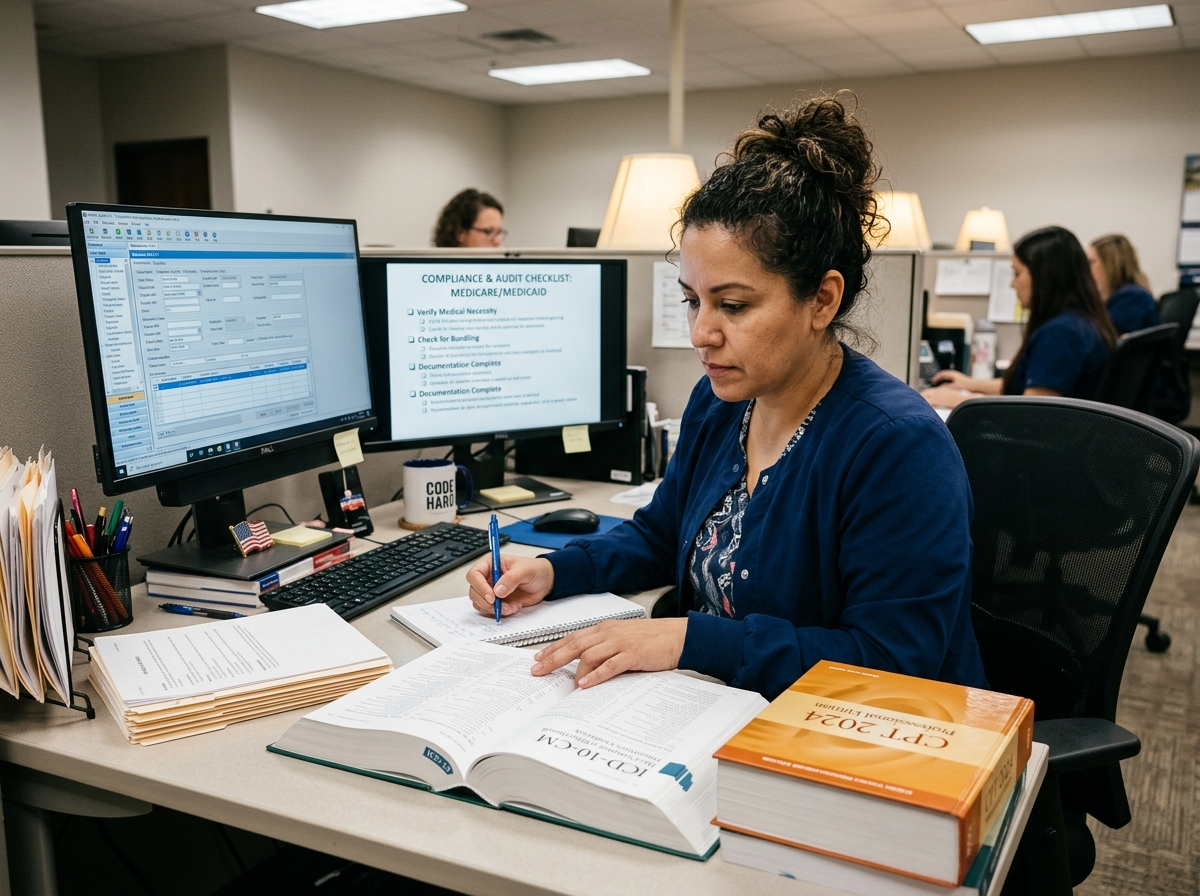 Medical coder analyzing ICD-10 and CPT manuals to ensure billing compliance - billing compliance