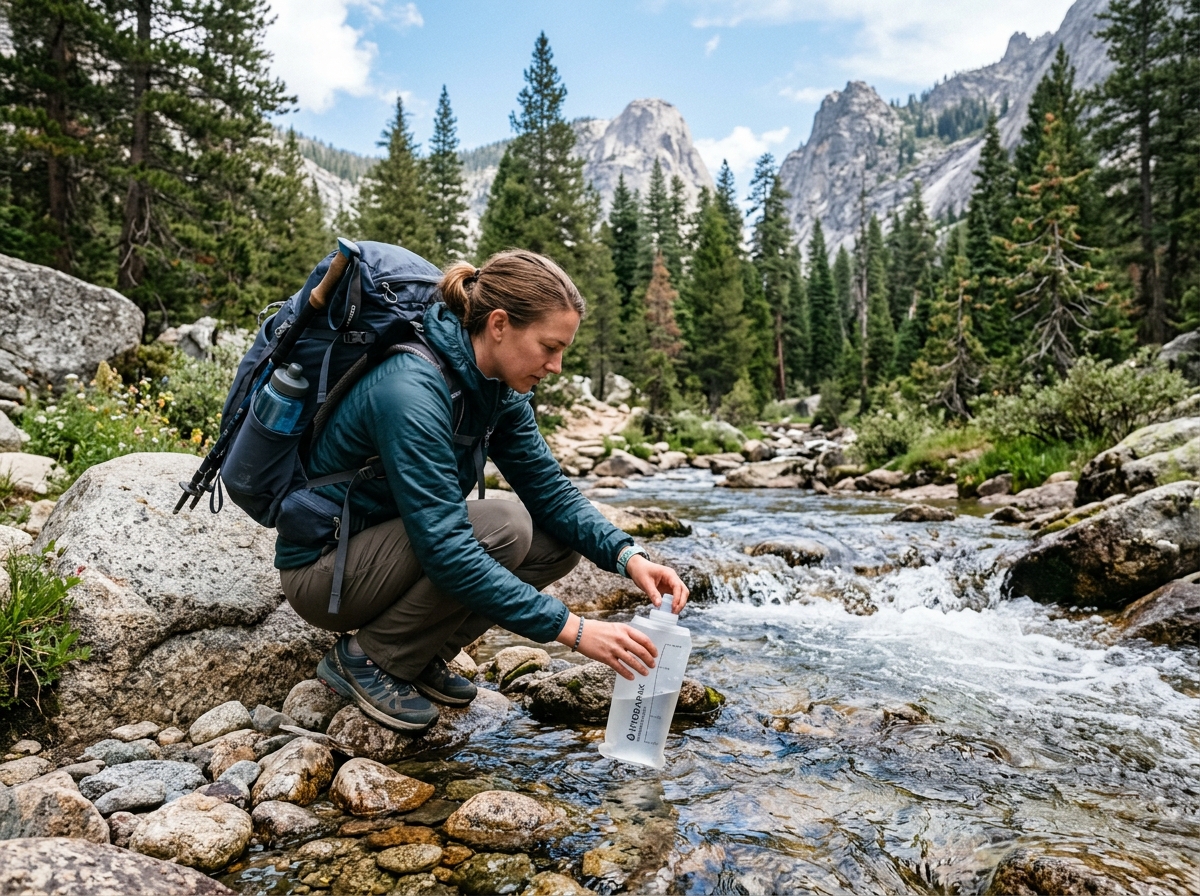 hiker refilling a soft flask at a stream - collapsible sports bottle