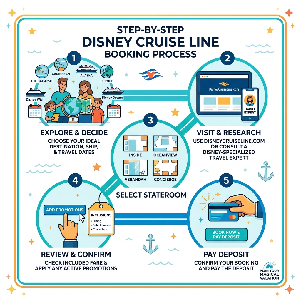 Step-by-step Disney cruise line booking process infographic - disney cruise line booking infographic 