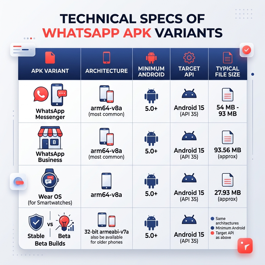 Table showing technical specs of different WhatsApp APK variants - apkmirror whatsapp infographic 