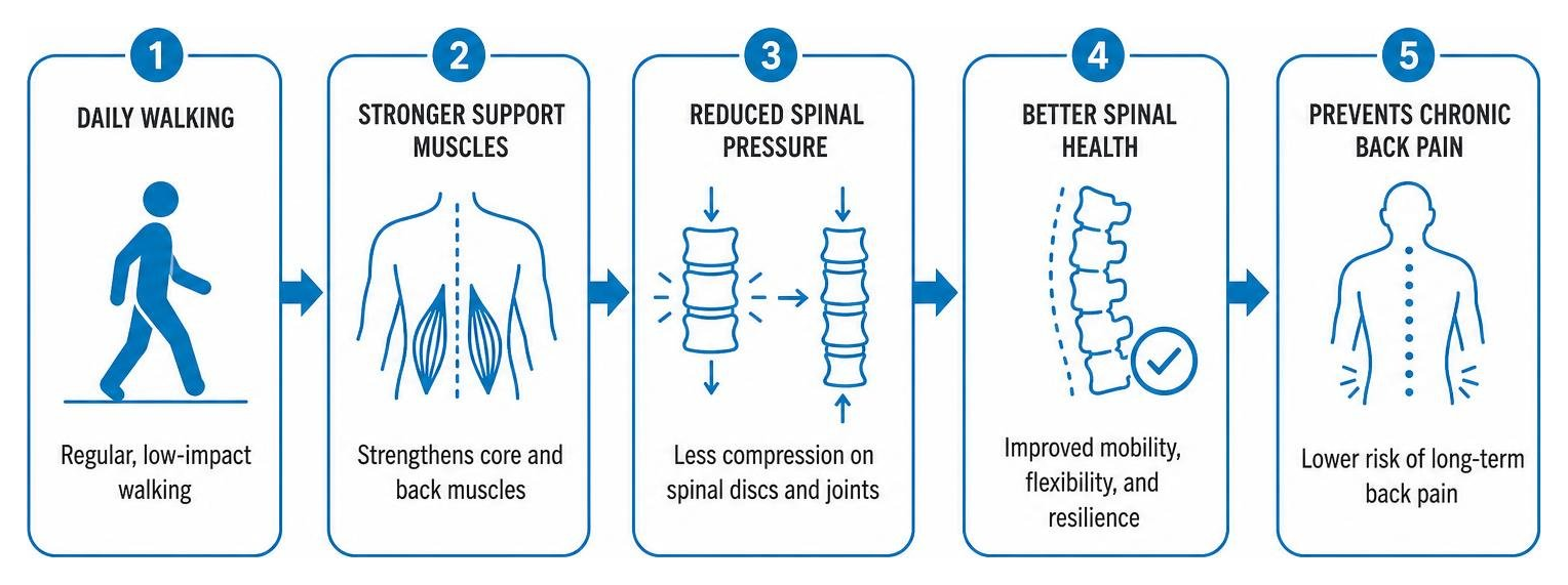 Process chain showing how regular daily walking reduces spinal pressure and prevents chronic back pain Process chain showing how regular daily walking reduces spinal pressure and prevents chronic back pain