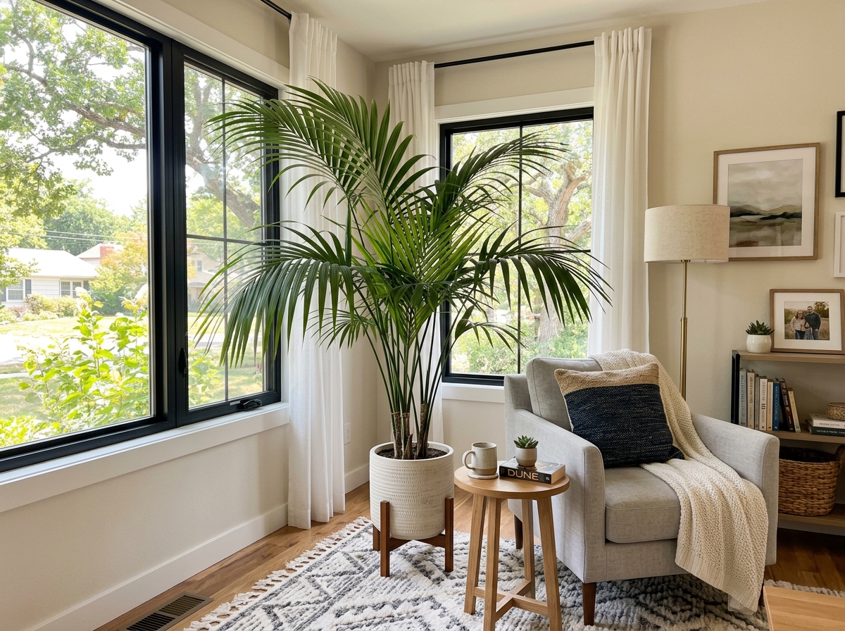 A tall, elegant Kentia Palm placed in a bright living room corner - cat friendly trees and plants A tall, elegant Kentia Palm placed in a bright living room corner - cat friendly trees and plants