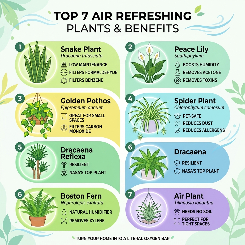 infographic showing top 7 air refreshing plants with names and key air-purifying benefits - air refreshing plants infographic showing top 7 air refreshing plants with names and key air-purifying benefits - air refreshing plants