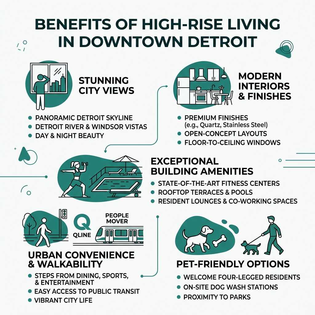 Infographic explaining the benefits of high-rise living in Detroit - high rise apartments downtown detroit infographic 